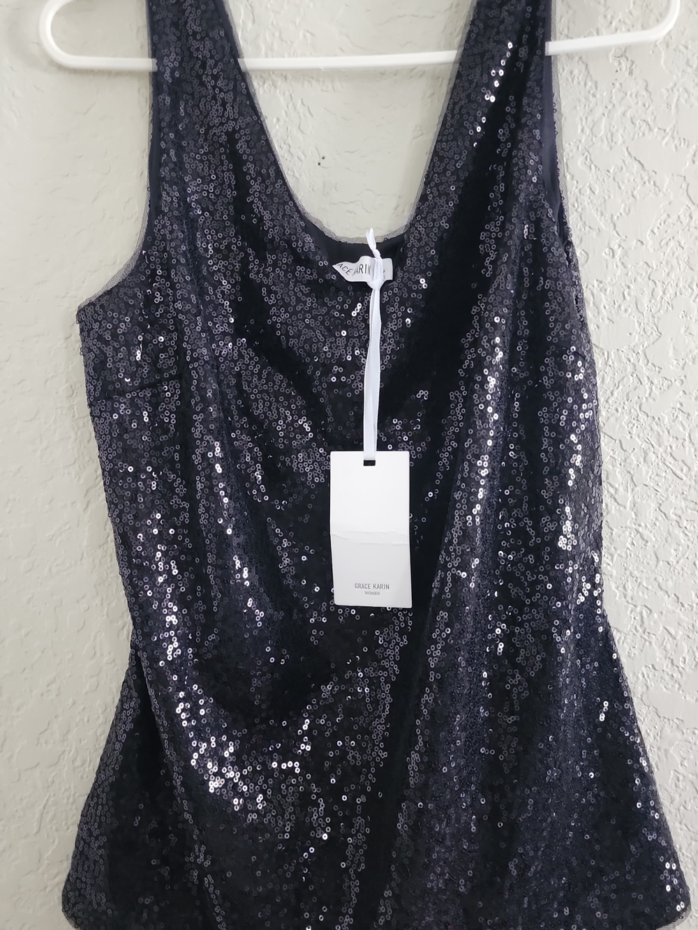 NWT Grace Karin Black Sequin Tank Top | Size Large | Sparkly Party Cocktail